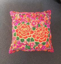Cushion Neon Floral Embroidered Boho 16x16" Square Pink Otange Green Yellow  for sale  Shipping to South Africa
