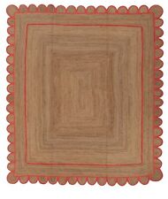 Jute Rug Rectangle Scallop Design Handmade Area Jute Carpet- Beige + Red, used for sale  Shipping to South Africa