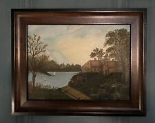 Antique Folk Art Oil Painting, Landscape with House, Lake, Boats for sale  Shipping to South Africa