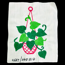 Vintage Embroidered Sample on Linen Plant Pothos Hanging Pot Leaf Block 5" x 3", used for sale  Shipping to South Africa