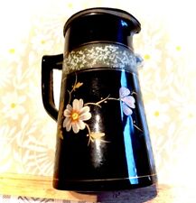 Victorian Antique black floral design Stein pitcher with gold trim pewter lid  for sale  Shipping to South Africa