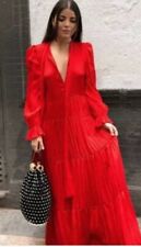 Vestido maxi Zara vermelho plissado cetim falso seda enrugado romântico gola redonda Trinny G comprar usado  Enviando para Brazil