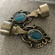 Used, 2 Turquoise Glass Curtain Rod Finials 1 inch Rod  Brushed Brass 6 Sets Available for sale  Shipping to South Africa