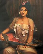 Handmade Original Oil Painting of Beautiful Lady Playing Veena On Canvas Art for sale  Shipping to Canada