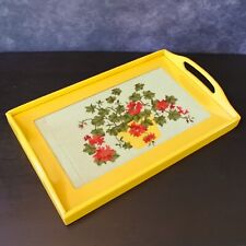 Vintage Handmade Cross Stitch Shabby Yellow Wooden Breakfast Serving Tea Tray, used for sale  Shipping to South Africa