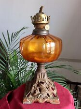 Used, Antique 19th Century Oil Lamp,Ornate Cast Iron Base,Amber Glass Reservoir,Old for sale  Shipping to South Africa
