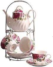 Used, White and Red Rose Flower 9 Piece European-Style Ceramic Tea Set  for sale  Shipping to South Africa