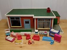 Vintage 1970s Unusual Wooden Doll House 1 Level Bungalow & Plastic Furniture  for sale  Shipping to South Africa