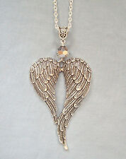 Large Guardian Angel Wings Silver Crystal Pendant 32 "Long Chain Collar, usado segunda mano  Embacar hacia Argentina