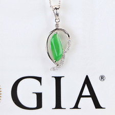 $2850 18K White Gold GIA Imperial Green Jade Diamond Leaf Pendant 18" Necklace for sale  Shipping to Canada