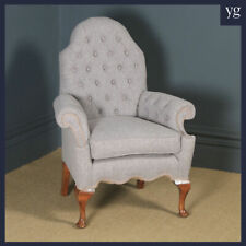 Antique English Queen Anne Style Grey Upholstered Beech Wing Library Arm Chair , gebruikt tweedehands  verschepen naar Netherlands