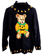 Hand Knit sweater Eagles Eye Halloween Black Sweater Pumpkin Teddy Bear Mock M for sale  Shipping to South Africa
