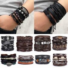6pcs Fashion Mens Punk Leather Wrap Braided Wristband Cuff Punk Bracelet Bangle for sale  Shipping to South Africa