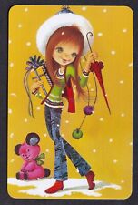 1 NARROW MODERN SWAP PLAYING CARD WIDE EYED GIRL AT CHRISTMAS TEDDY BEAR & SNOW for sale  Shipping to South Africa