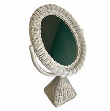 Vintage Wicker Rattan & Wood Oval Mirror Pedestal Table Top Swivel Vanity for sale  Shipping to South Africa