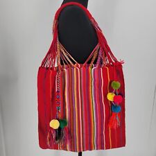 Bolso de hombro con asas trenzadas de tela colorida boho borlas pompones segunda mano  Embacar hacia Argentina