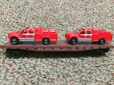HO Scale Unique ATSF 93302 Flat Car loaded with 2 Die Cast Fire Rescue Trucks  for sale  Shipping to Canada