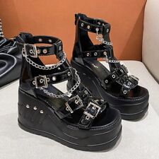 Women Wedges Sandals HighHeel Gothic Punk Comfy Back Zip Chains Platform Sandals, used for sale  Shipping to South Africa