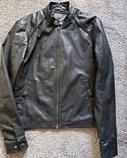 JACK & JONES Faux LEATHER Bomber JACKET Black COLLARLESS  Lined SMALL Soft ZIP  for sale  Shipping to South Africa