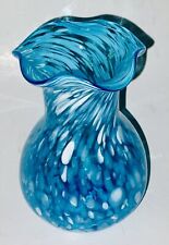 VTG Rainbow Art Glass Hand Blown Vibrant 7.5” Blue Ruffled Edge Splatter Vase for sale  Shipping to South Africa