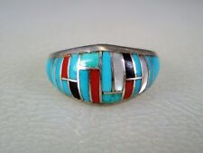 Used, VINTAGE NAVAJO ZUNI STERLING SILVER & TURQUOISE CORAL MOP JET INLAY RING sz 8.5 for sale  Mequon