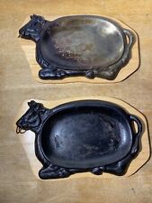 Vintage Cast Iron Bull Skillet Set Of Two With Wooden Trivet Please Read for sale  Shipping to South Africa