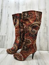 Diba Boots Women 8.5 Velvet Red Paisley Print Knee High  Kitten Heel Bohemian  for sale  Shipping to South Africa