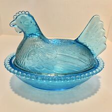 RARE VINTAGE AQUA BLUE INDIANA GLASS NESTING CHICKEN HEN ON BASKET  CANDY DISH for sale  Bloomfield