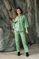 Women's Real Lambskin Leather Shirt and Pant Green Formal Wear Soft Party Set for sale  Shipping to South Africa