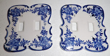 TWO Ceramic Delft Inspired Blue Floral Double Light Switch Wall Plates Vtg Lot for sale  Shipping to South Africa