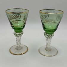 Vintage Czech Green Tiny Wine Glasses Pair Twisted Stems Gold Trim 4” for sale  Shipping to South Africa