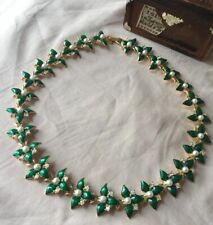 Usado, COLLAR de colección estilo carnicero esmalte verde diamantes de imitación y perlas cuello de flores bonito segunda mano  Embacar hacia Argentina