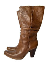 Vtg Bronx Y2K Knee High Boots Stack Heel Tan Tooled Leather Western Cowboy 41 for sale  Shipping to South Africa