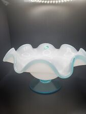 Balboa Italy Venetian Ruffled Handblown Glass Pedastal White Blue Vintage Bowl for sale  Shipping to South Africa