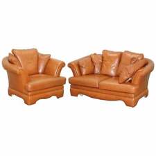 LOVELY SMALL AGED TAN BROWN LEATHER SOFA & MATCHING ARMCHAIR TWO PIECE SUITE for sale  Shipping to South Africa