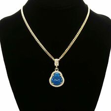 Men's 14k Gold Plated Blue Resin Buddha Pendant 3mm 24" Cuban Link Chain for sale  Los Angeles