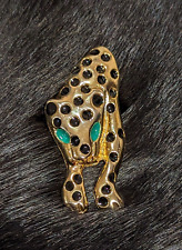 Broche prendedor de leopardo tono dorado esmaltado manchas negras y ojos verdes de colección segunda mano  Embacar hacia Argentina