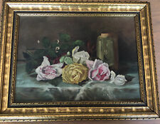 Antique Sweet Victorian Painting  Roses Canvas Still Life, used for sale  Shipping to Canada