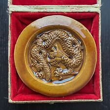 Vintage Chinese Sancai Glazed Dragon Relief Medallion Art in Silk Box NICE NR for sale  Shipping to South Africa