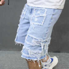 Calça jeans masculina casual desgastada rasgada solta shorts jeans desgastado rua meia calça comprar usado  Enviando para Brazil