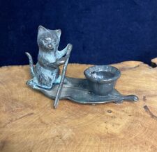 Vintage SPI  Brass Candle Holder Cat Paddling On Leaf Boat -Patina-Cabin-Cute for sale  Shipping to South Africa
