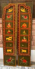 Antique wooden door handmade lord Krishna & devotee cow elephant painting frame for sale  Shipping to South Africa