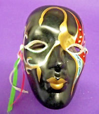 Máscara facial de pared de porcelana vintage negra con acentos multicolores 6" de alto con caja segunda mano  Embacar hacia Argentina