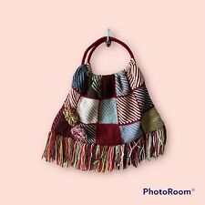 Luella Blue Knitted Red Bag with fringe and 3D Floral Detail Lined Boho Handle for sale  Shipping to South Africa