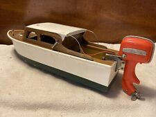 Vintage 1950’s Wood Cabin Cruiser Bateria 11” Barco de Brinquedo com Motor de Popa Sereia comprar usado  Enviando para Brazil