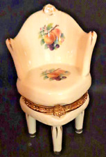Trinket Box Throne Boudoir Chair Hinged Ring Box Cream w Peaches Cherries Gold for sale  Shipping to South Africa