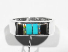 Used, Big Vintage Signed Zuni 925 Silver Inlay Turquoise Opal Black Jet Mans Ring 10 for sale  Collinsville