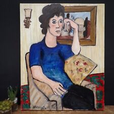 Original Painting Canvas Portrait Woman Wall Art Modernist MCM Style Signed Used, used for sale  Shipping to South Africa