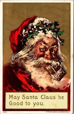 Postal de Navidad alegre Santa Claus Pipa para fumar Carozo usando Holly Halo, usado segunda mano  Embacar hacia Spain