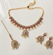 Indian/Pakistani Ruby Kundan necklace set with earrings and tekka for sale  UK